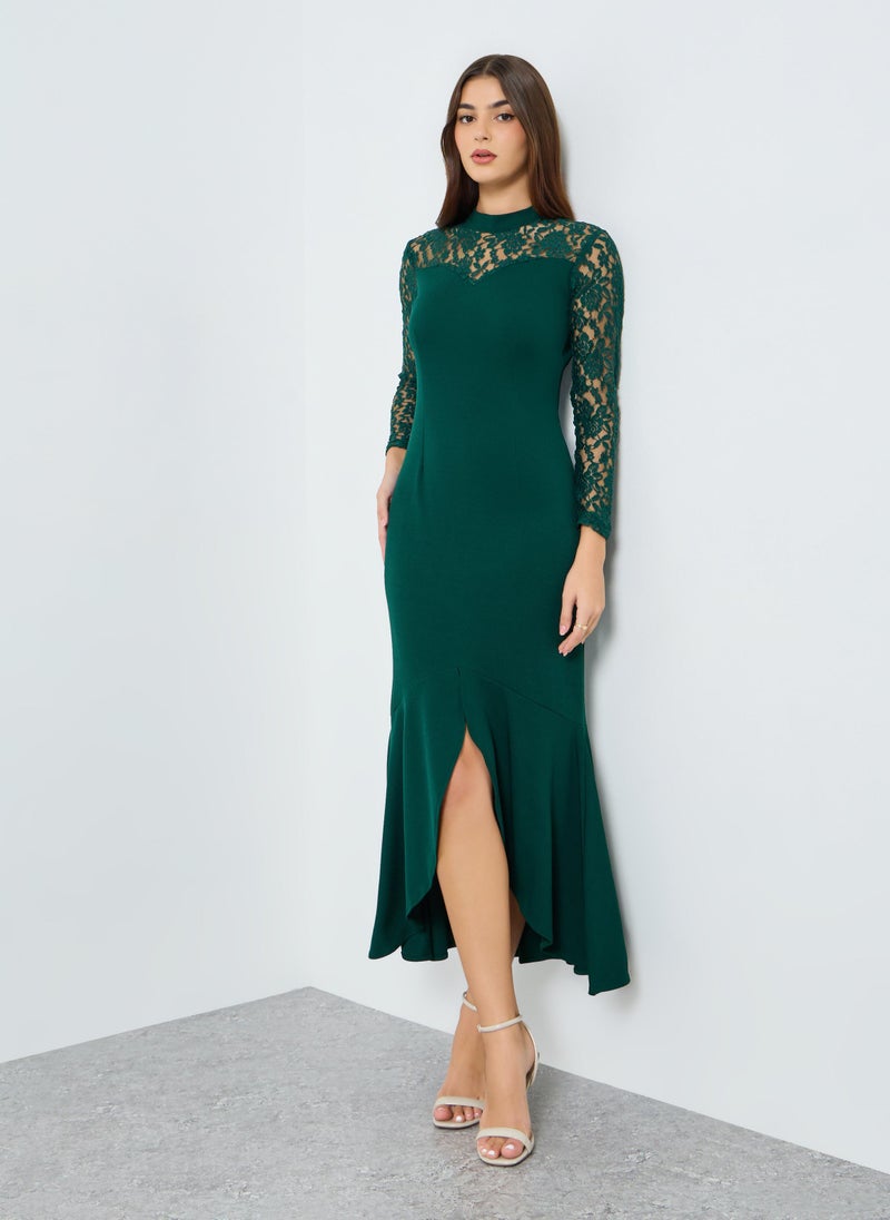Styli Women Green Lace Sleeve Mermaid Hem Midi Dress - Image 1